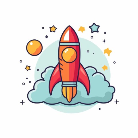 Space rocket icon in flat line style. Vector illustration with r