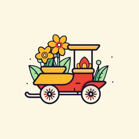 Vintage retro car with flowers. Vector illustration in flat styl