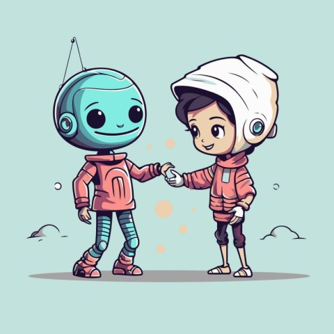 Cute cartoon astronaut boy and girl holding hands. Vector illust