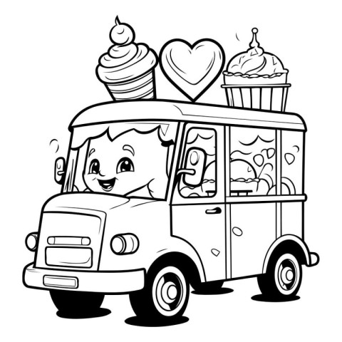 Black and White Cartoon Illustration of Ice Cream Truck Comic Ch