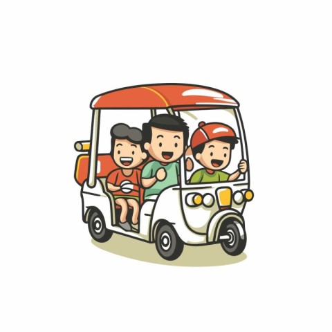 Cartoon Tuk Tuk taxi with driver. Vector illustration.