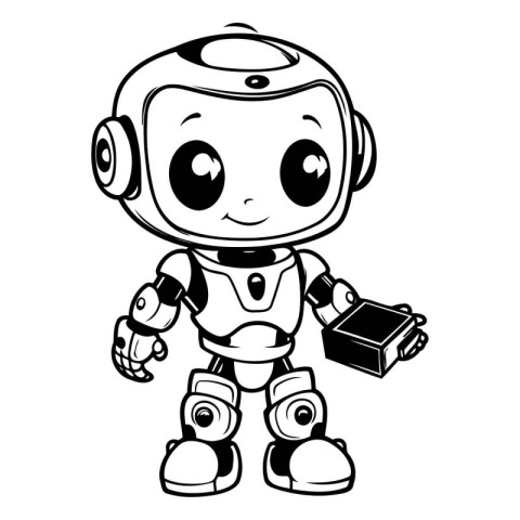 Cute robot holding a box. Vector illustration on white backgroun