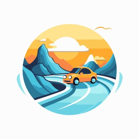 Car on the road in the mountains. Flat style vector illustration