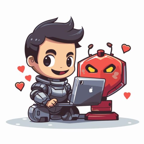 Cute boy with a laptop and a robot. Vector illustration.