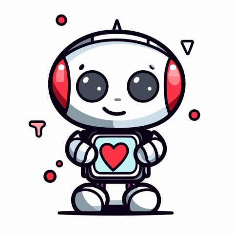 Cute robot holding a heart. Vector illustration. Isolated on whi