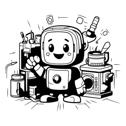 Vector illustration of a cute robot holding a paint brush. Carto