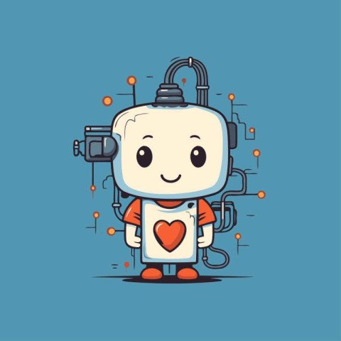 Robot with a heart in his hands. Cute cartoon character. Vector