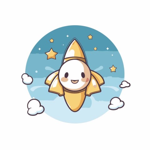 Cute rocket flying in the sky with clouds. Vector illustration.