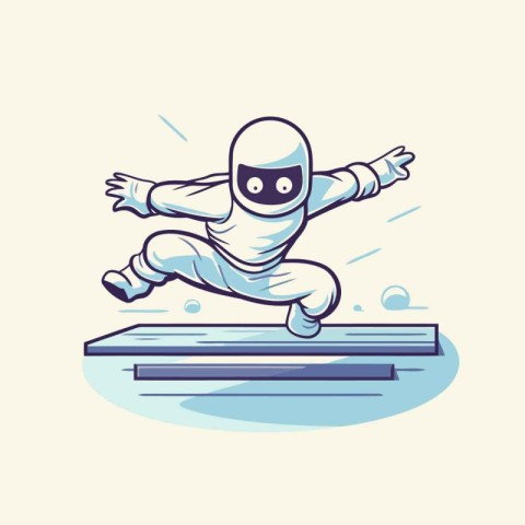 Astronaut running on a treadmill. Vector illustration in cartoon