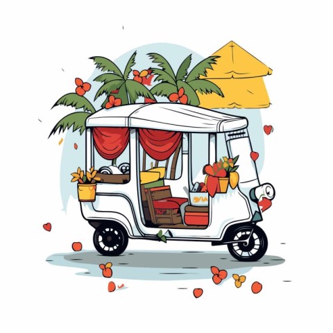 Tuk-tuk on the beach with palm trees and flowers