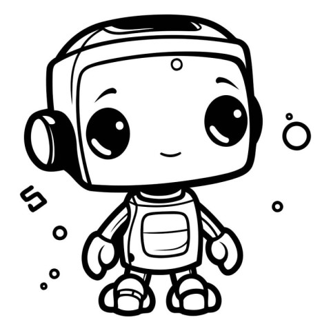 Black And White Cartoon Illustration of Cute Robot Character for