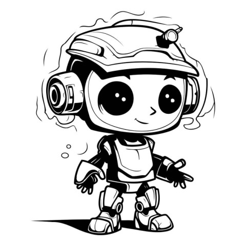 Black and White Cartoon Illustration of Cute Robot Comic Charact