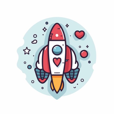 Space rocket with hearts and stars. Vector illustration in line