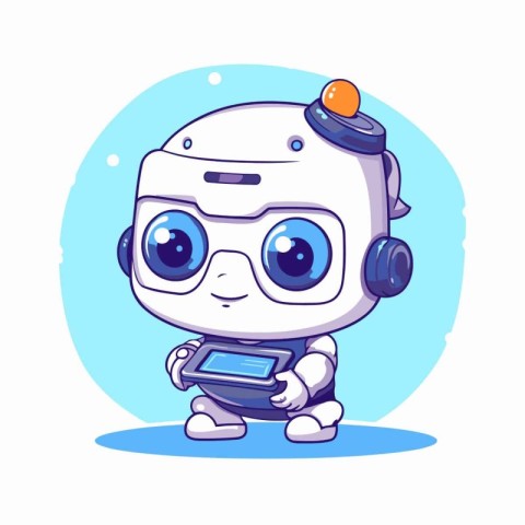 Cute little robot with a smartphone. Vector illustration in cart