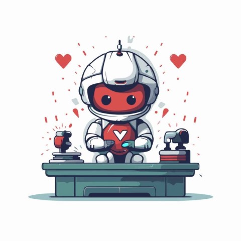 Cute robot playing a game. Vector illustration in cartoon style.