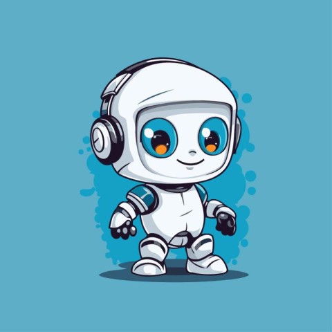 Cute cartoon robot with headphones on blue background. Vector il