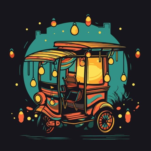 Tuk-tuk in the city. Vector illustration on black background.