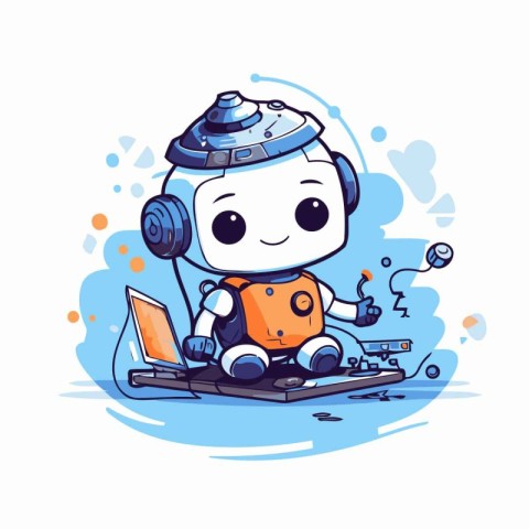 Cute robot with laptop and headphones. Vector illustration. Cart