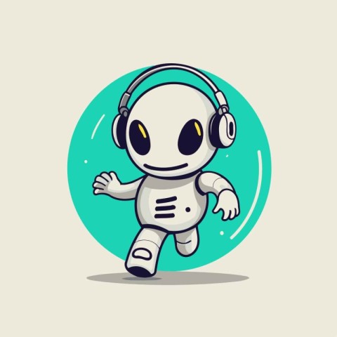 Cute robot listening to music. Vector illustration in cartoon st