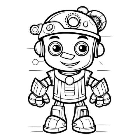 Black and White Cartoon Illustration of Cute Robot Fantasy Chara