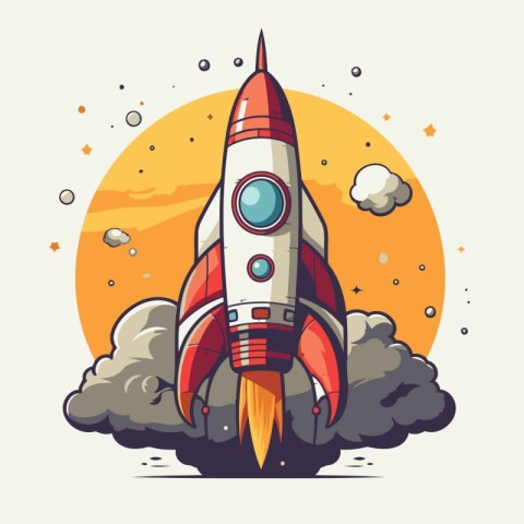 Rocket in the sky. Vector illustration in flat style. Isolated o