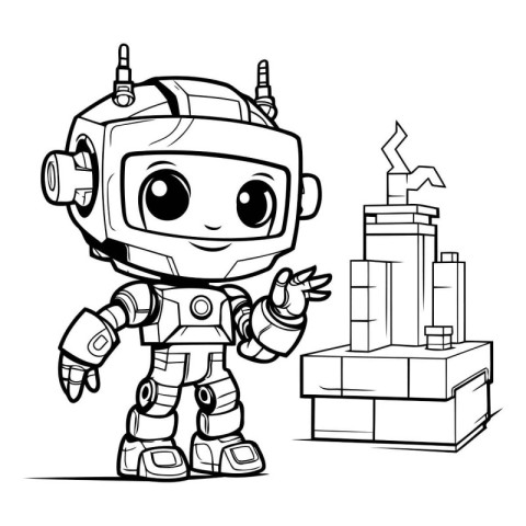 Cartoon robot with building blocks. Black and white vector illus