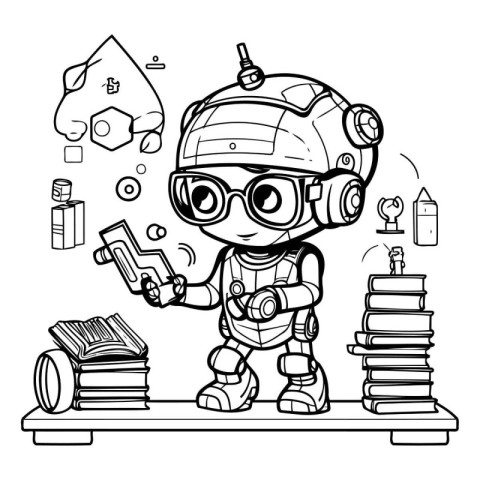 Coloring book for children: robot with books. Vector illustratio