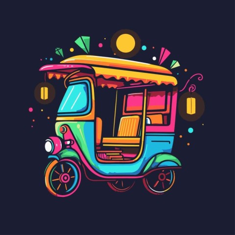 Colorful tuk tuk taxi on dark background. Vector illustration.