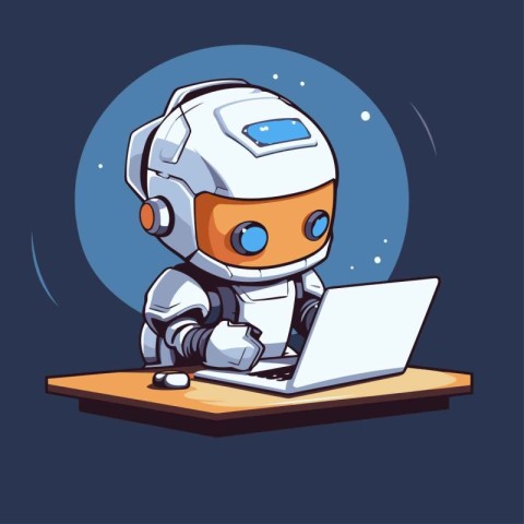 Vector illustration of a cute robot working on a laptop at night