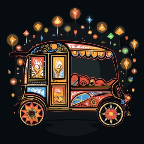 Vector illustration of tuk tuk with colorful flowers on black ba