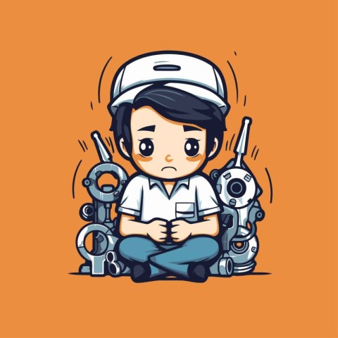 Cartoon boy with robot character. Vector illustration. Cute robo