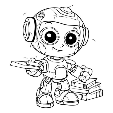 Coloring book for children: robot with books. Vector illustratio