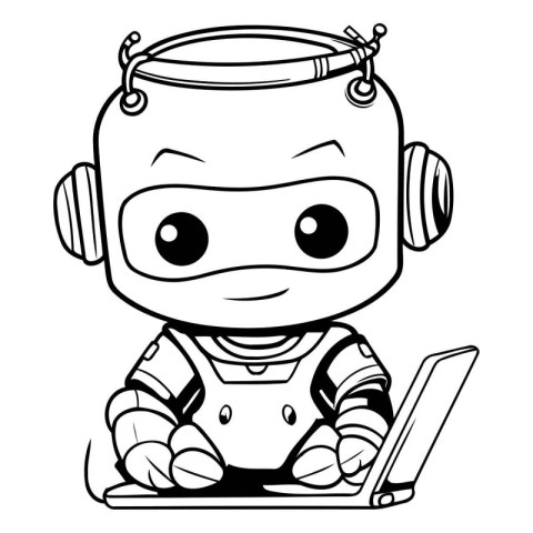 Robot with Laptop - Black and White Cartoon Illustration. Vector