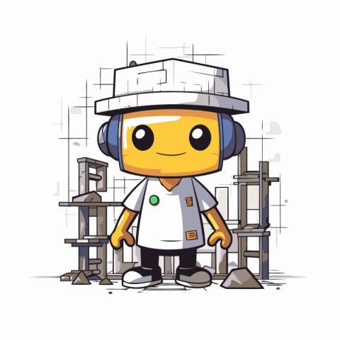 Illustration of a Cute Robot in a Construction Site - Vector