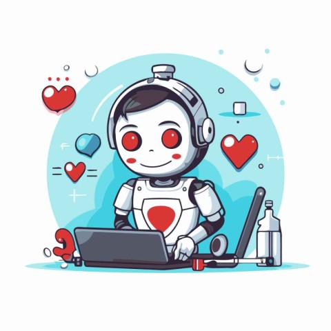 Cute robot working on laptop. Vector illustration in cartoon sty