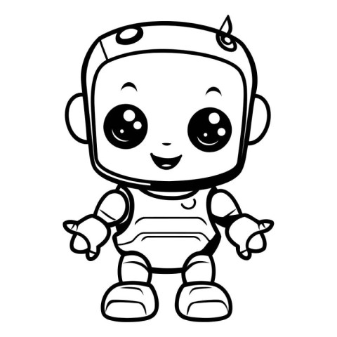 Cute little robot cartoon. Vector illustration. Black and white.