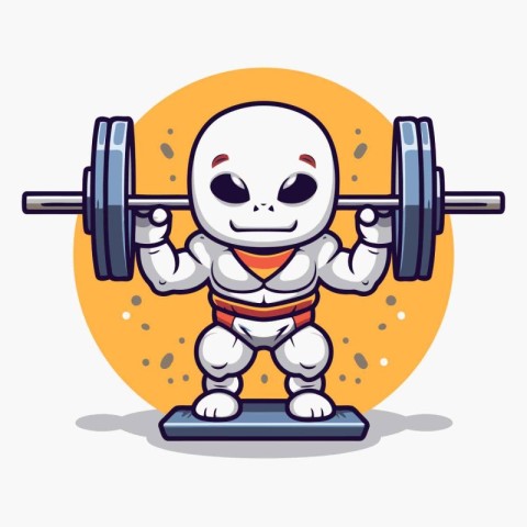 Cute robot lifting a barbell. Vector illustration. Cartoon style