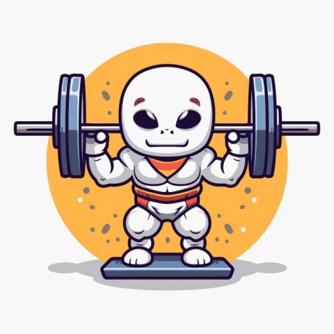 Cute robot lifting a barbell. Vector illustration. Cartoon style