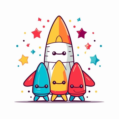 Cute rocket with stars. Vector illustration in flat cartoon styl