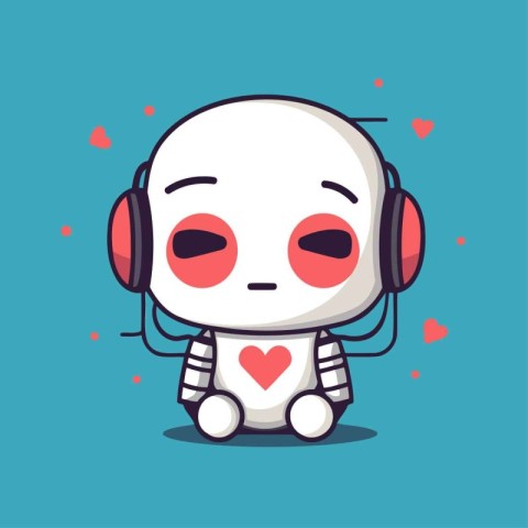 Cute robot with headphones and hearts. Vector illustration in fl