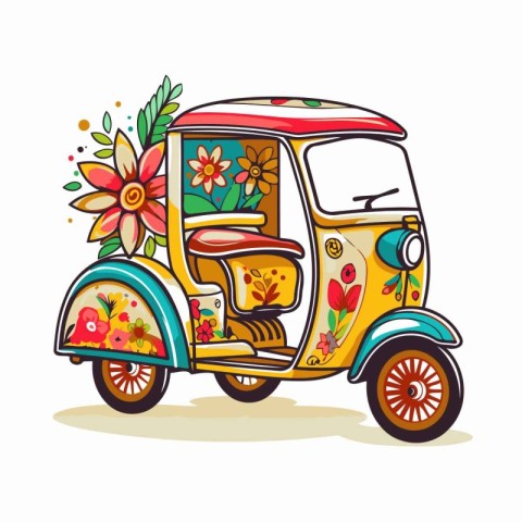 Tuk-tuk with flowers and leaves. Vector illustration.