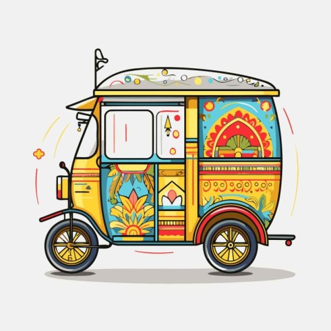 Vector illustration of a colorful tuk-tuk with floral pattern