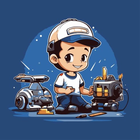 Cute boy playing with a robot. Vector illustration. Cartoon styl