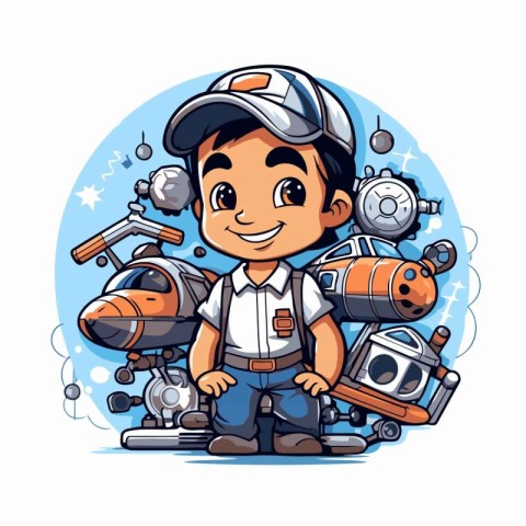 Cute cartoon boy with different types of robots. Vector illustra