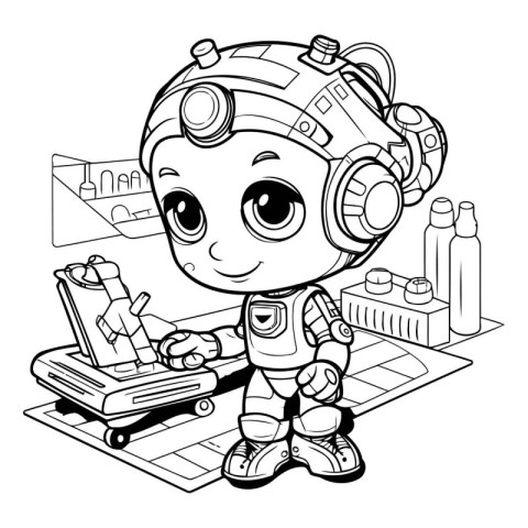 Black and White Cartoon Illustration of Cute Astronaut Boy Chara