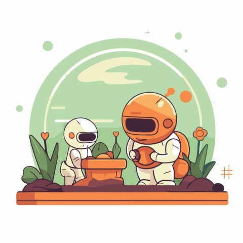 Astronaut and alien in the garden. Flat vector illustration.