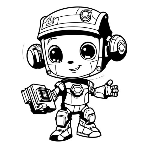 Black and White Cartoon Illustration of Cute Robot Comic Charact