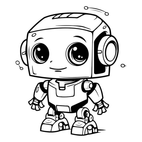 Black and White Cartoon Illustration of Cute Robot Comic Charact