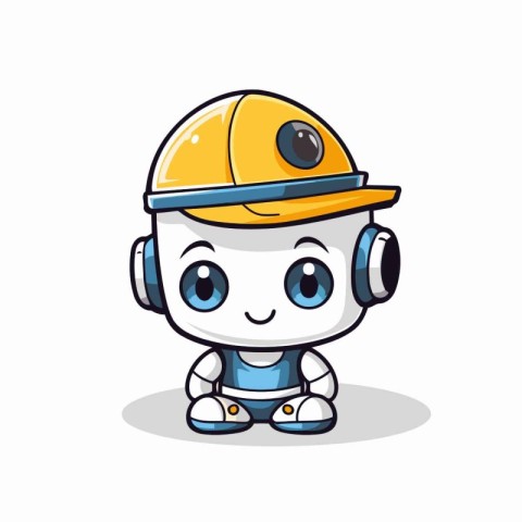 Cute robot character wearing safety helmet and headphones. Vecto