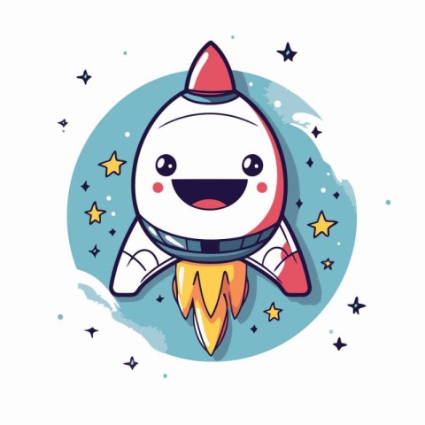 Rocket cartoon character. Cute kawaii space ship. Vector illustr